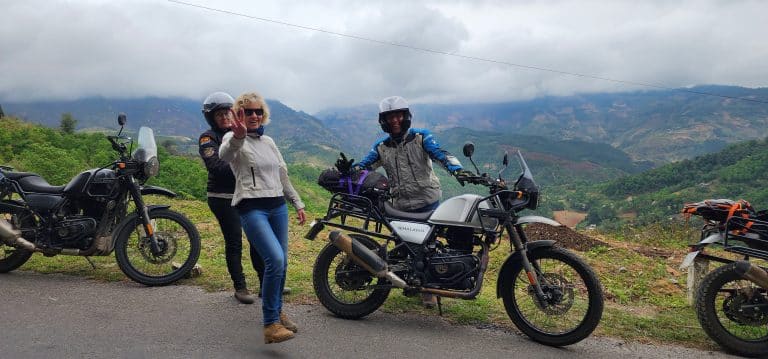 Happy riders on their Royal Enfield Himalayan motorbikes in Vietnam