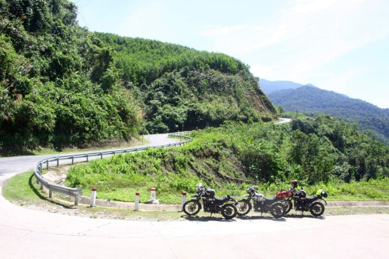 Riding Royal Enfield motorbikes in the central highlands of Vietnam